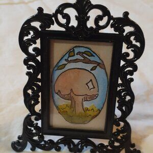 Tiny Mushroom Watercolour and Ink Painting in Antique-Style Frame